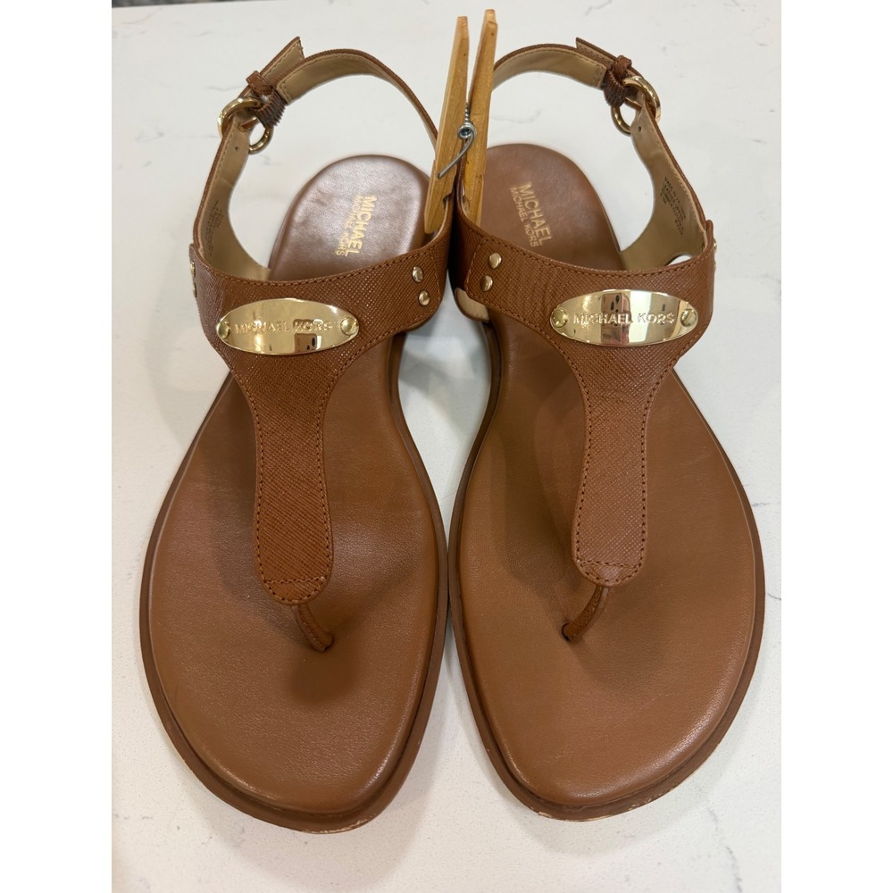 Michael Kors Plate Thong Sandals Luggage Brown Saffiano Leather Flat 9.5M PV21K